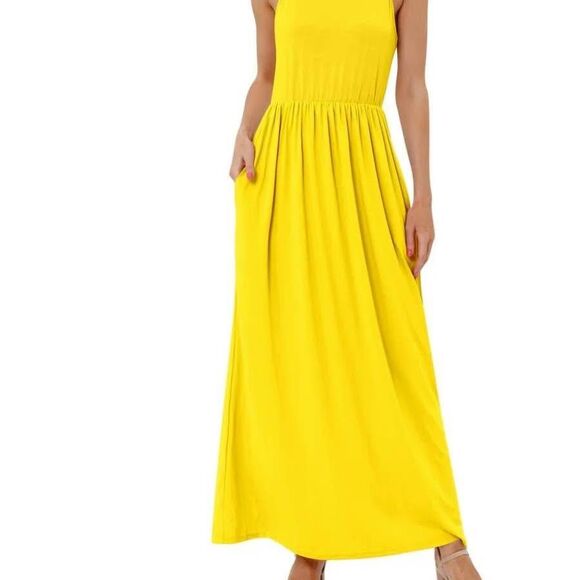 Women Round Neck Sleeveless Dress with Pockets, Yellow Medium - Picture 2 of 3